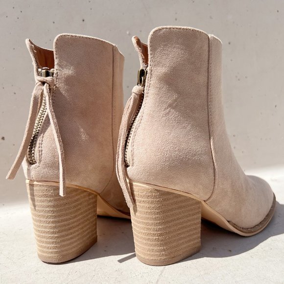 Taupe Faux Suede Pointed Toe Rivet Mini Studded Block Heel Ankle Bootie Boot - Picture 3 of 16